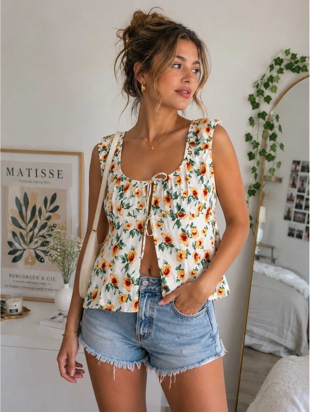 Double Tie Front Floral Babydoll Tank Top Cottagecore Coquette M